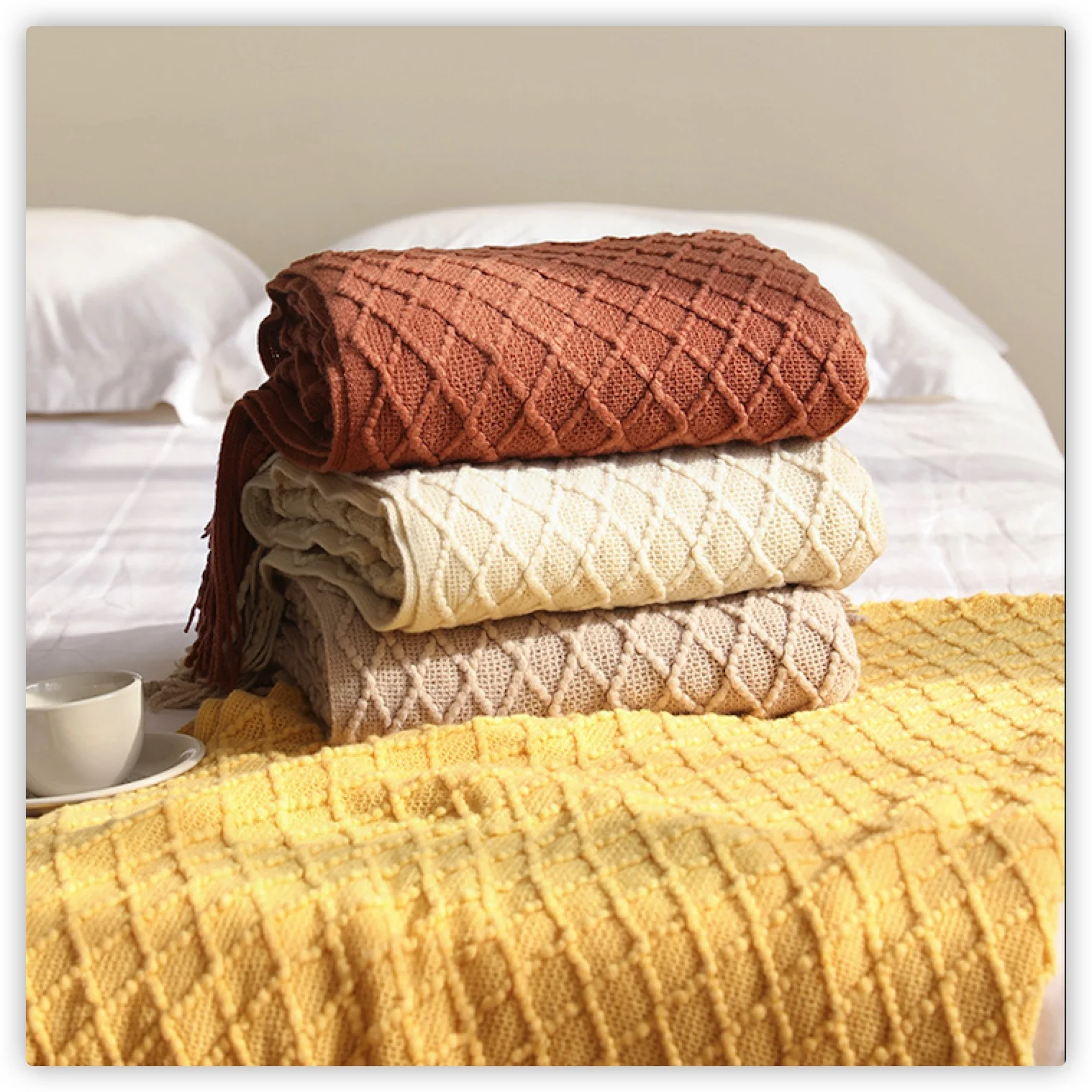 Boho Throw Blanket Fringe - 텍스타일 시티 다이아몬드 니트 소재의 술
