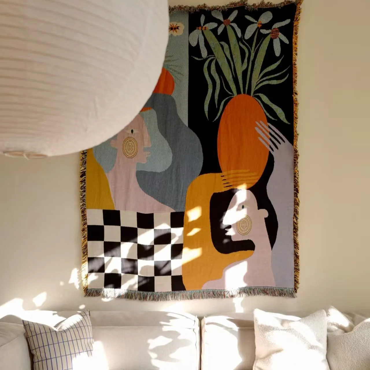 Boho Throw Blanket Fringe - 현대적인 추상 예술 스타일의 보헤미안풍 자카드