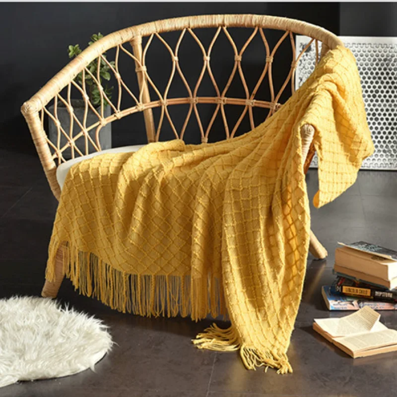머스타드 옐로우 색상의 질감 있는 니트 소재 러그, 보 - Boho Throw Blanket Fringe 리뷰 및 가격