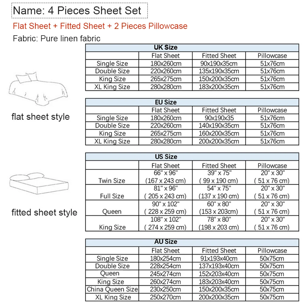 100% 순수 린넨 침대 시트 세트, 1 플랫 시트,  - Fitted Bed Sheets Deep Pocket 리뷰 및 가격